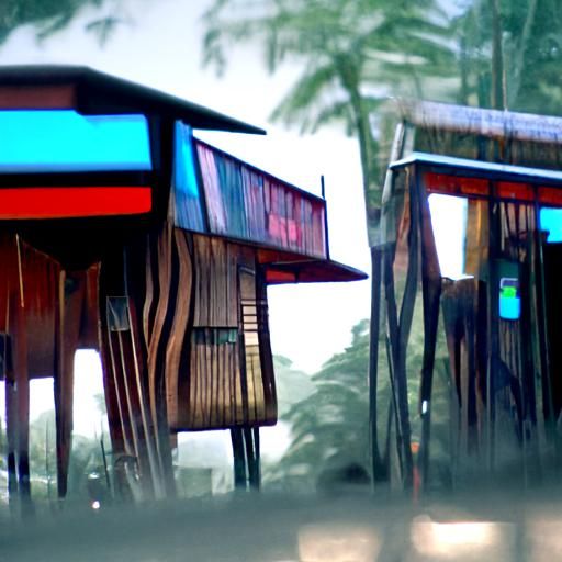 Cyberpunk Wooden Huts in Jungle with Neon Lights