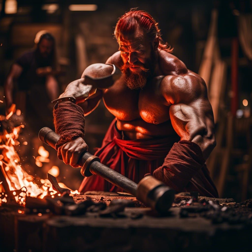Red-Skinned God of Weapons Forging a Sword