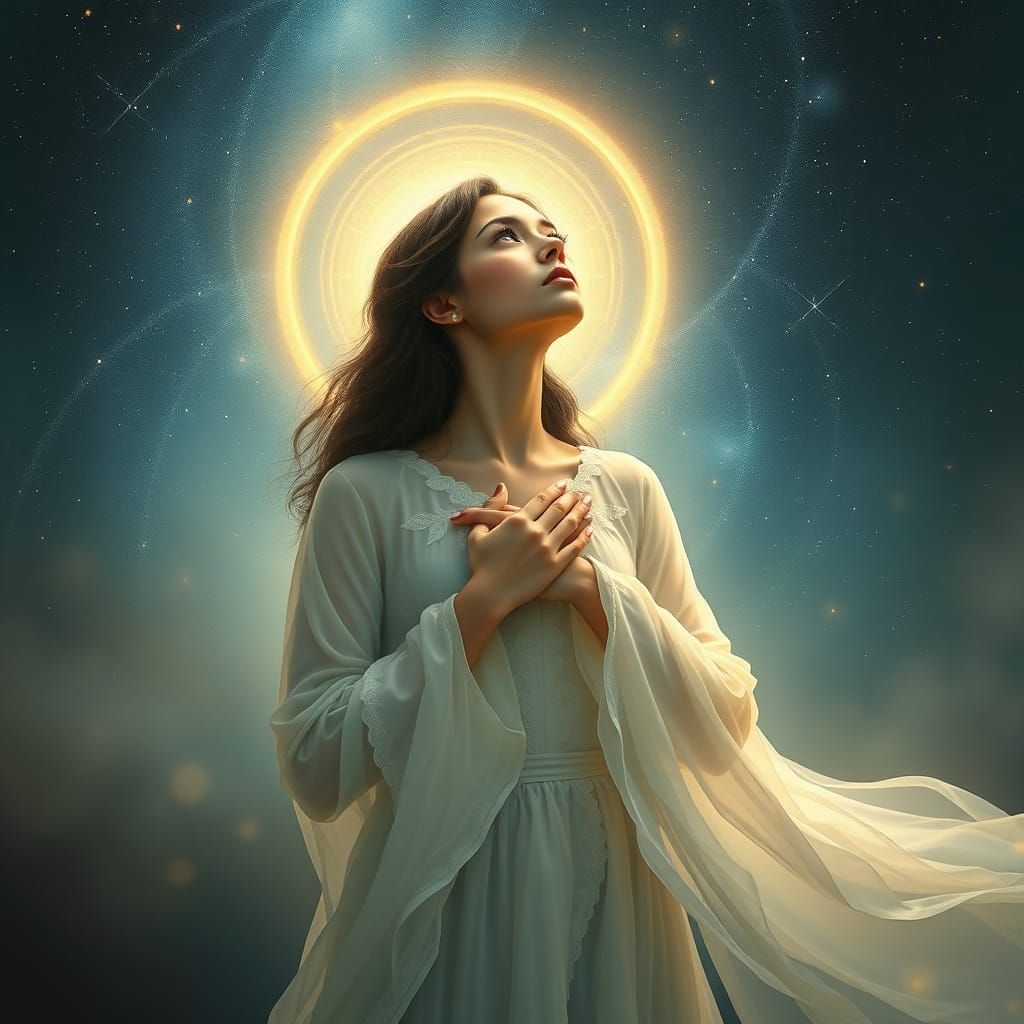 Celestial Woman Embracing Inner Radiance in Starry Night Sky