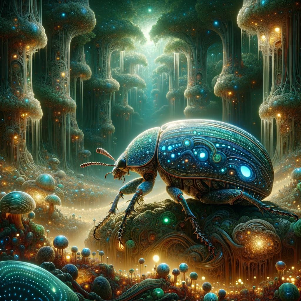 Giant Bioluminescent Beetle in Futuristic Jungle