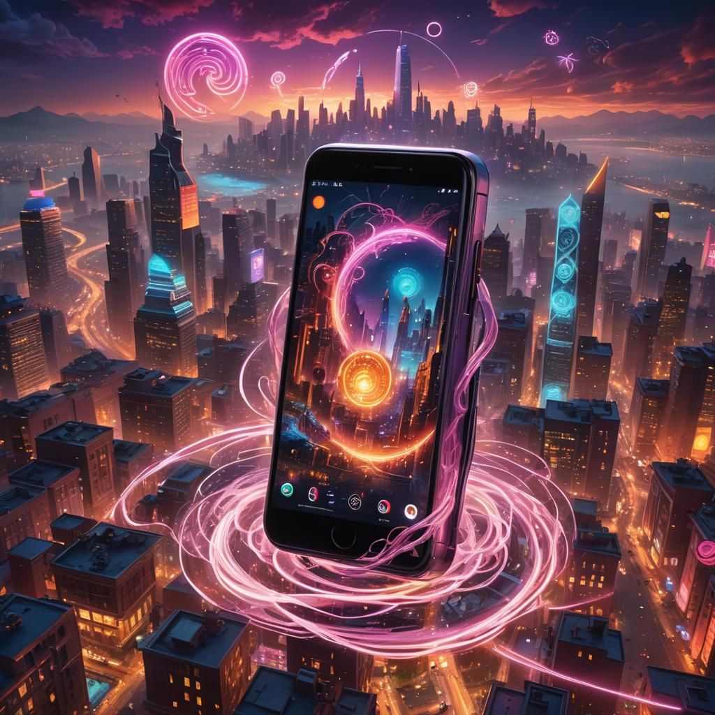 Smartphone Radiates Magic in Dreamlike Cityscape