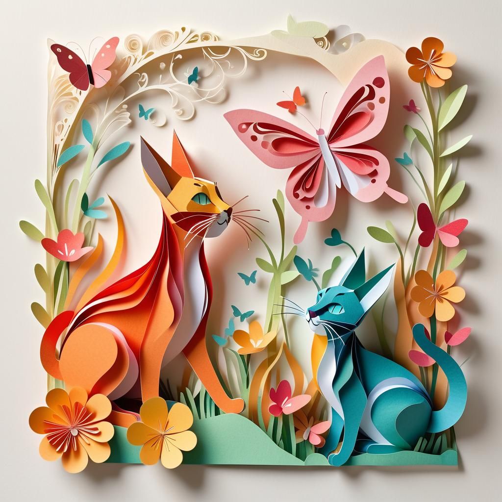 Vibrant Papercraft Cats Play in Whimsical Garden