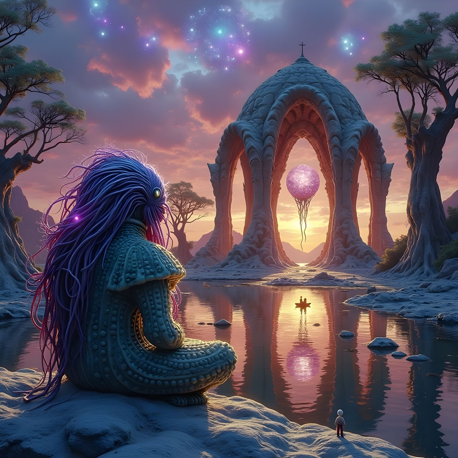 Gouache Painting of Tiny Humans Meet Alien Giant