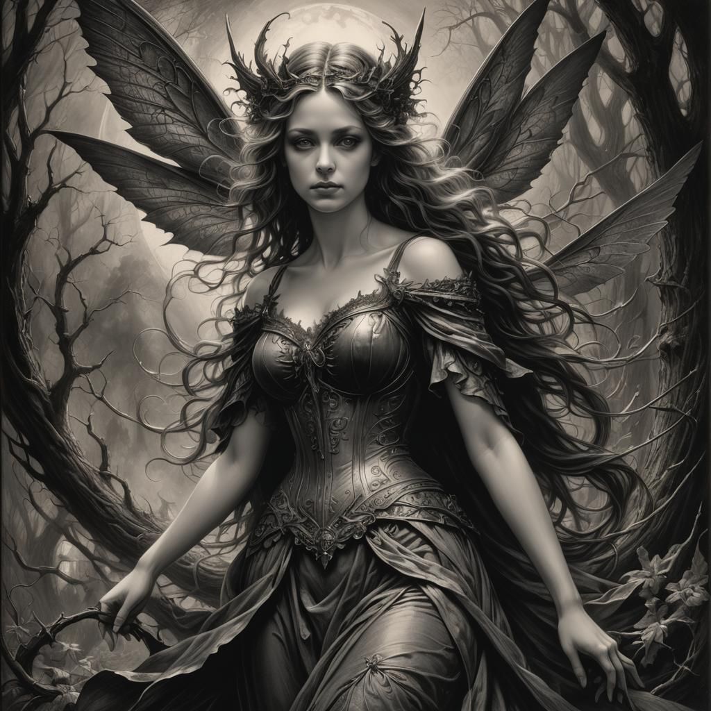 Striking Fairy Woman: Hyperdetailed Charcoal Horror Drawing
