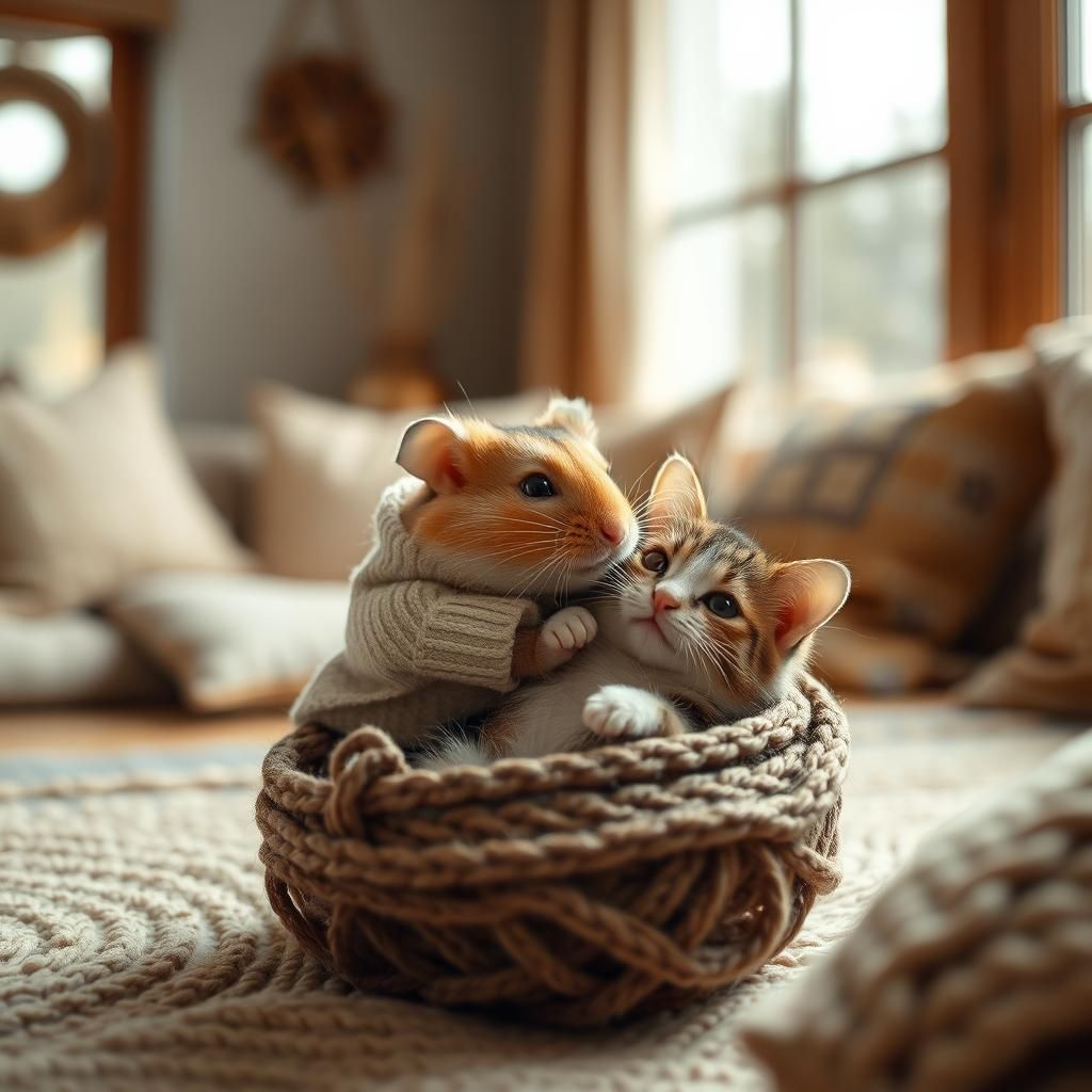 Hamster Hugs Tiny Cat in Cozy Home