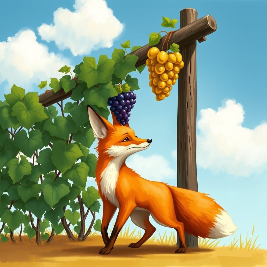 Fox Stands Before Trellis of Elusive Grapes
