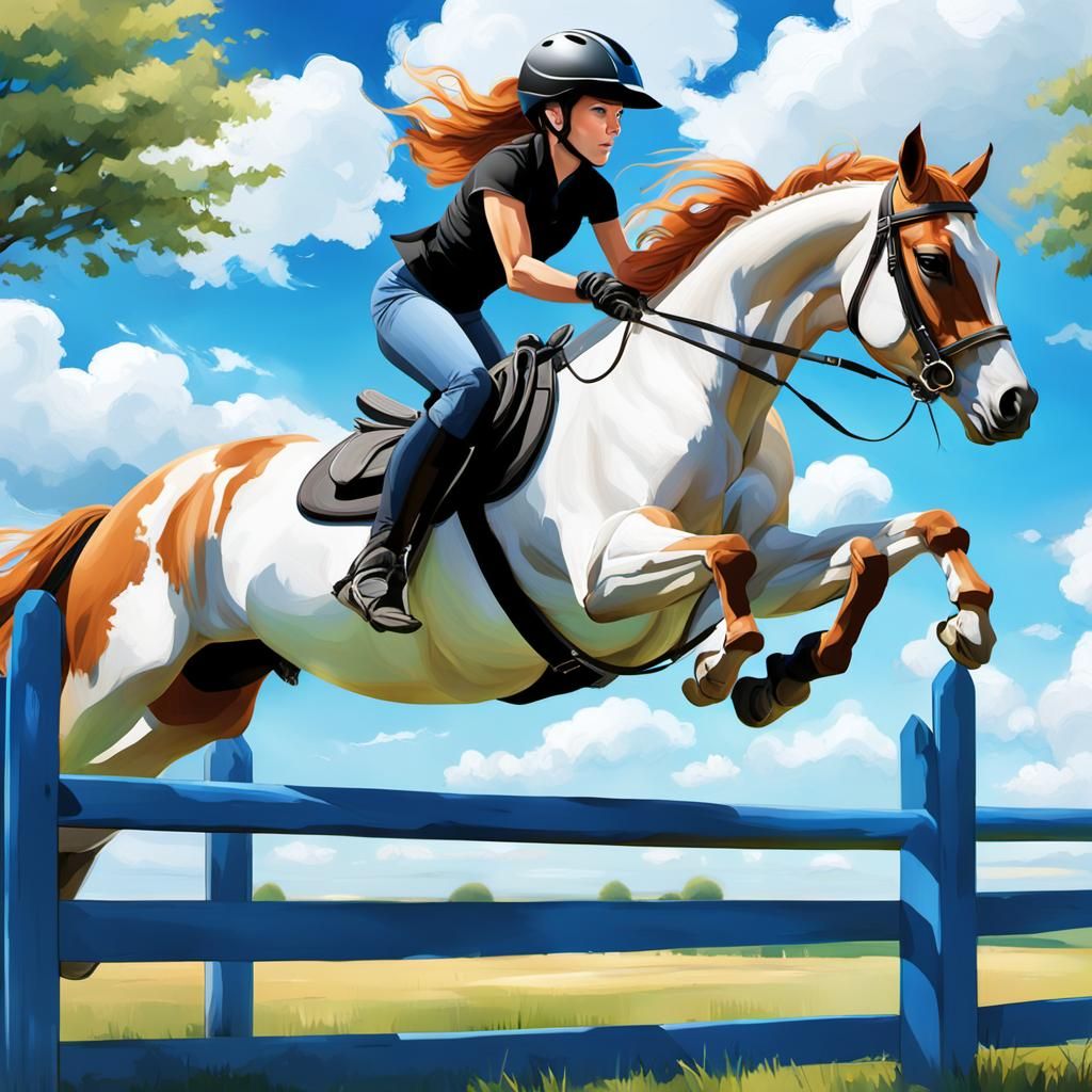 Equestrian Girl Jumps Horse in Digital Matte Painting