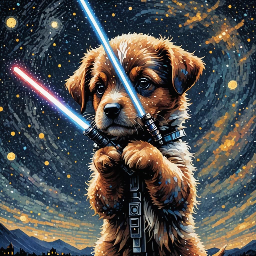 Puppy with Lightsaber in Pointillist Pixel Art