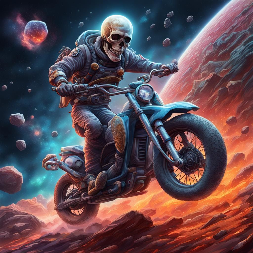A ghost driving , a meat - coated , skeleton, made from star dust , riding rock, hurdling through space