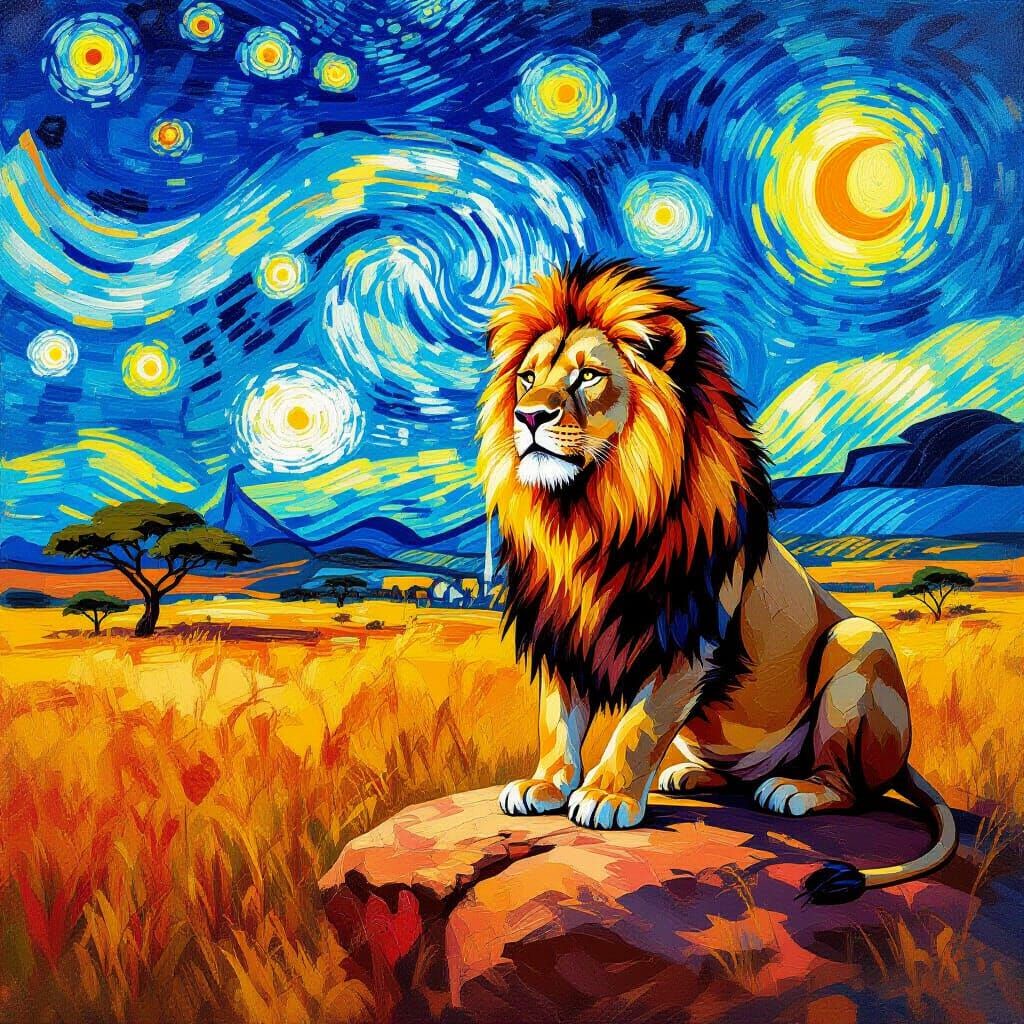 Lion on Savanna in Van Gogh Style