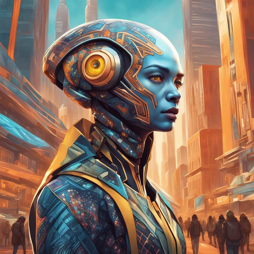 Futuristic Alien Portrait in Downtown, Digital Art