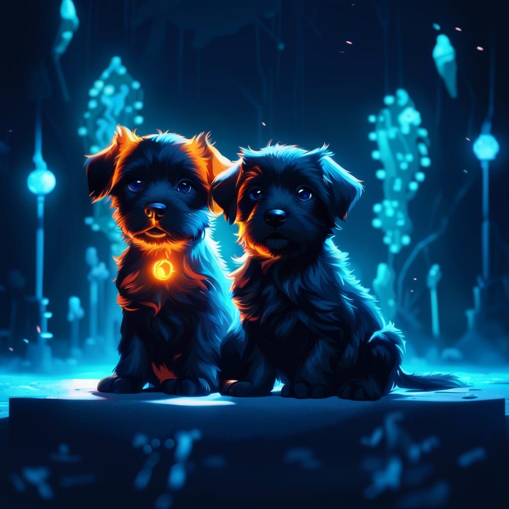 Black Puppies in Blue Moonlight: Hyperdetailed Concept Art