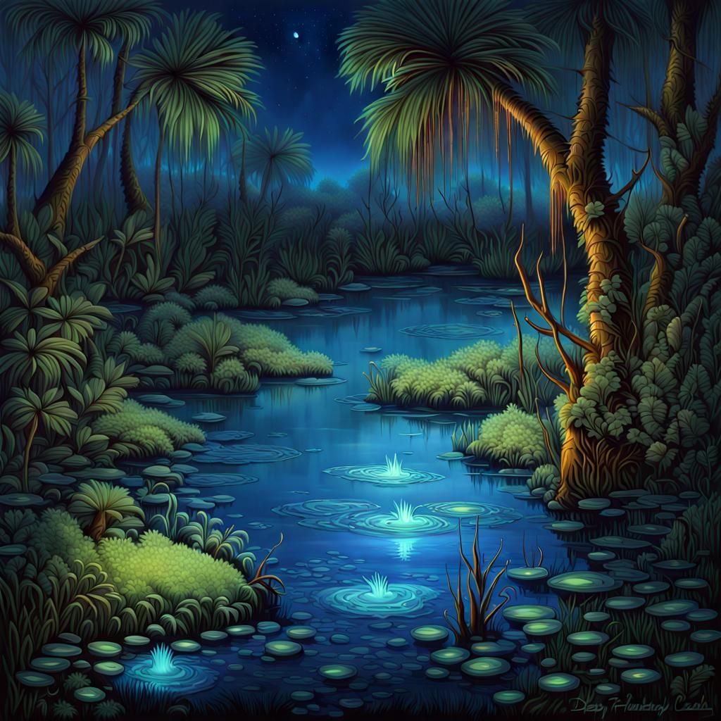 Bioluminescent Florida Spring at Night in Ethereal Style