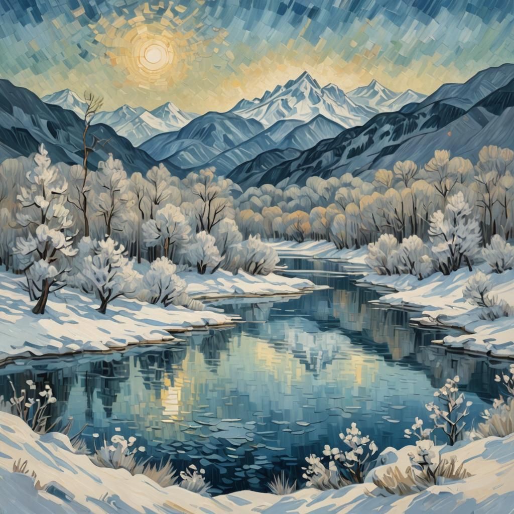 Snowy Landscape Reflected, Expressionist Digital Painting