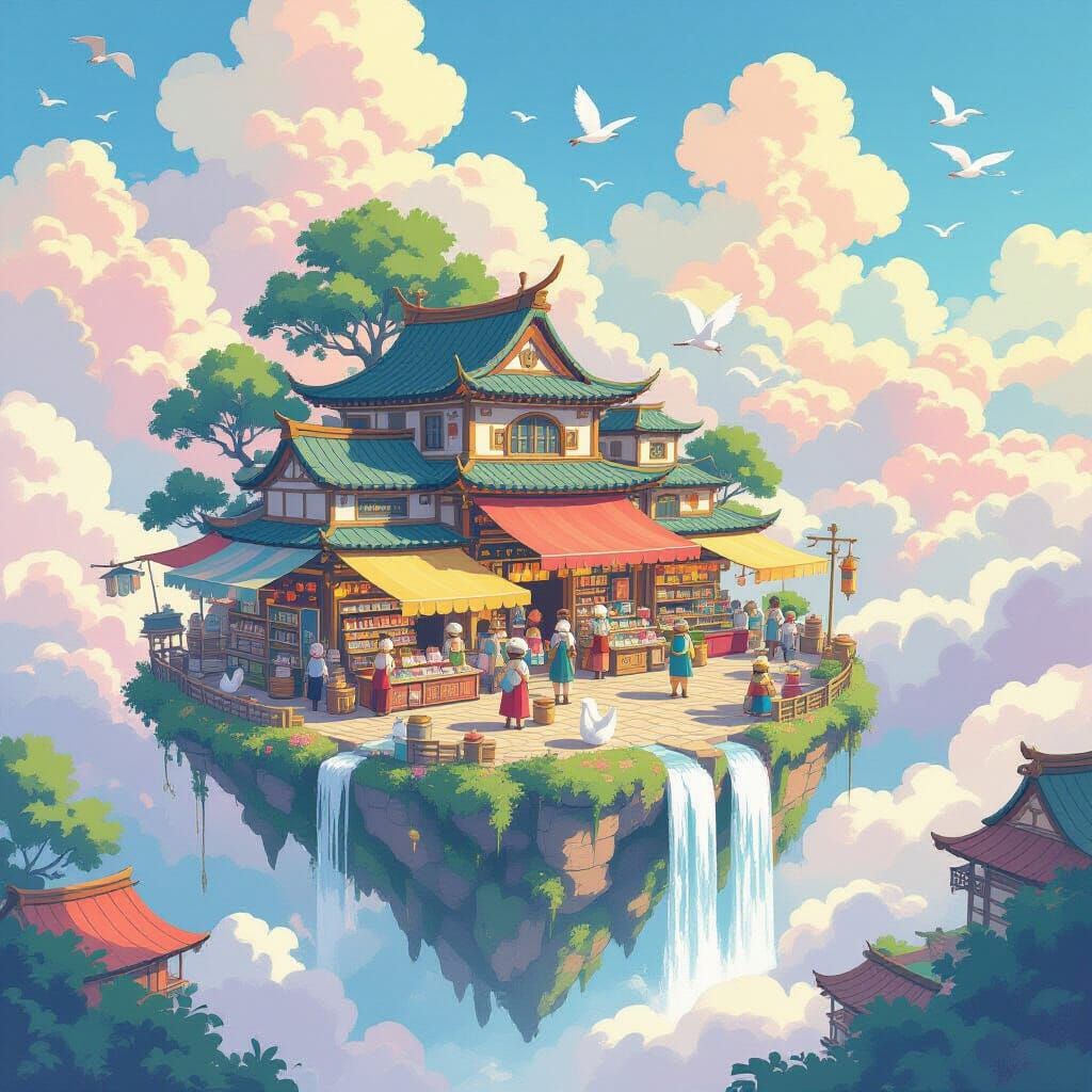 Floating Island Marketplace in Pastel Sky