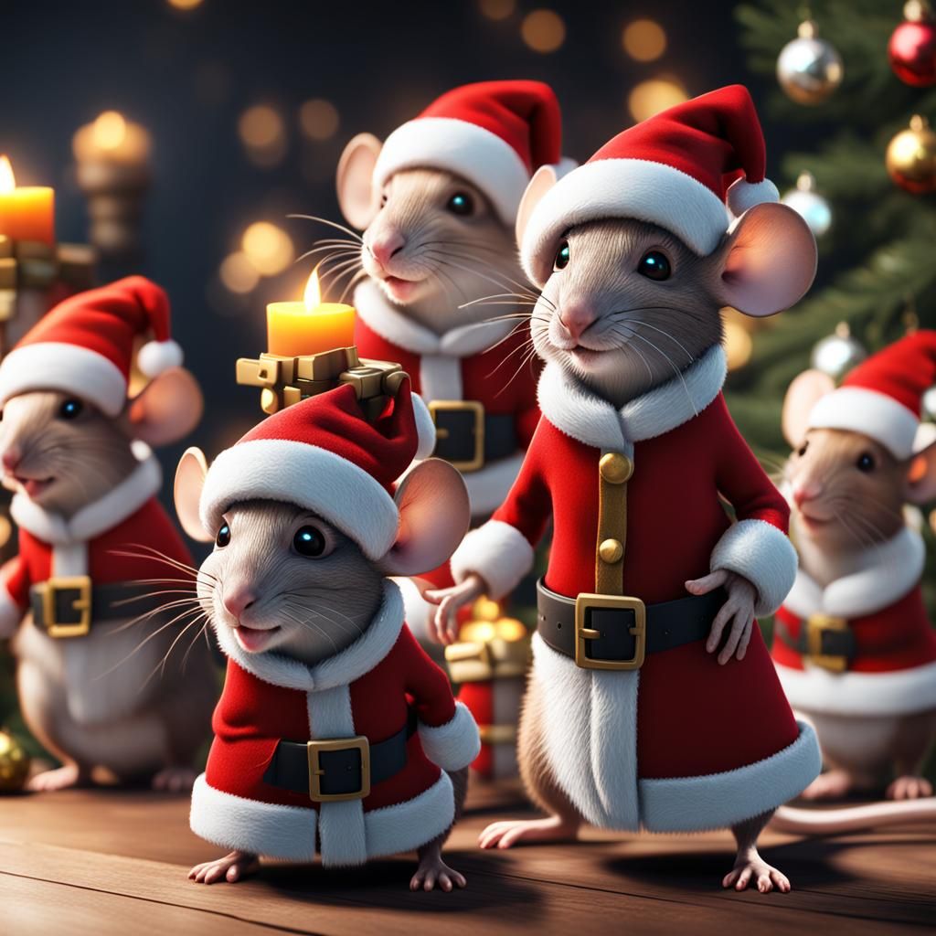 Festive Christmas Mice in Santa Hats, 3D Render