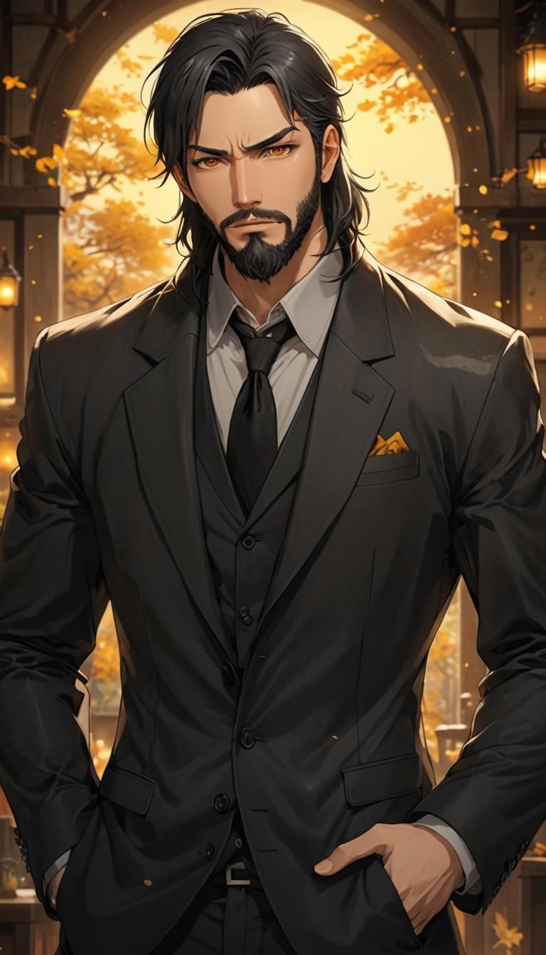 Anime Male Portrait with Greying Hair and Amber Eyes