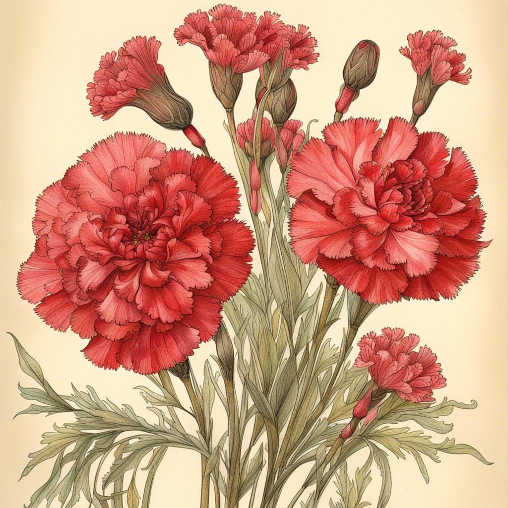 Red Carnations: Edwardian Botanical Illustration