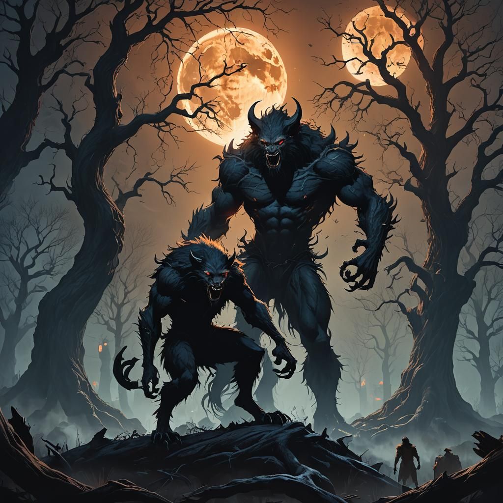 Dark Fantasy: Demon and Werewolf Under Moonlight