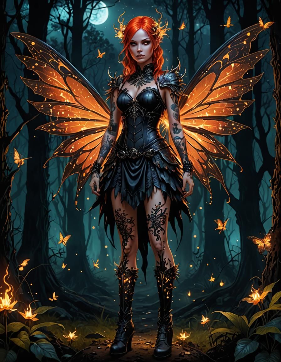 Gothic Fire Fairy in Creepy Forest Illustration