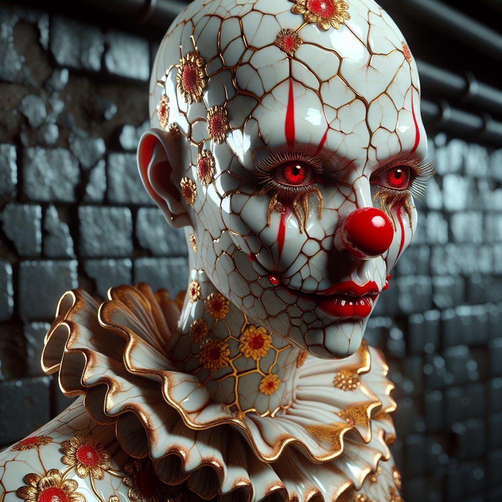 Hyperrealistic Porcelain Clown Mutant Digital Art