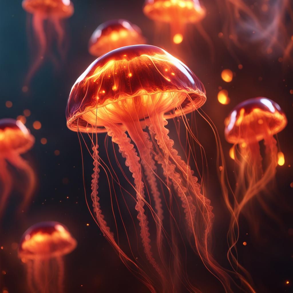 Fiery Bio-luminescent Jellyfish Surrounded by Flames