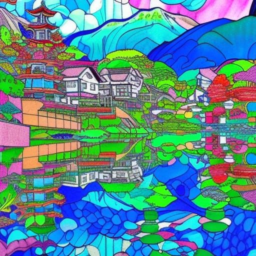 Lakeside Village in Japanese Ink Marker Art