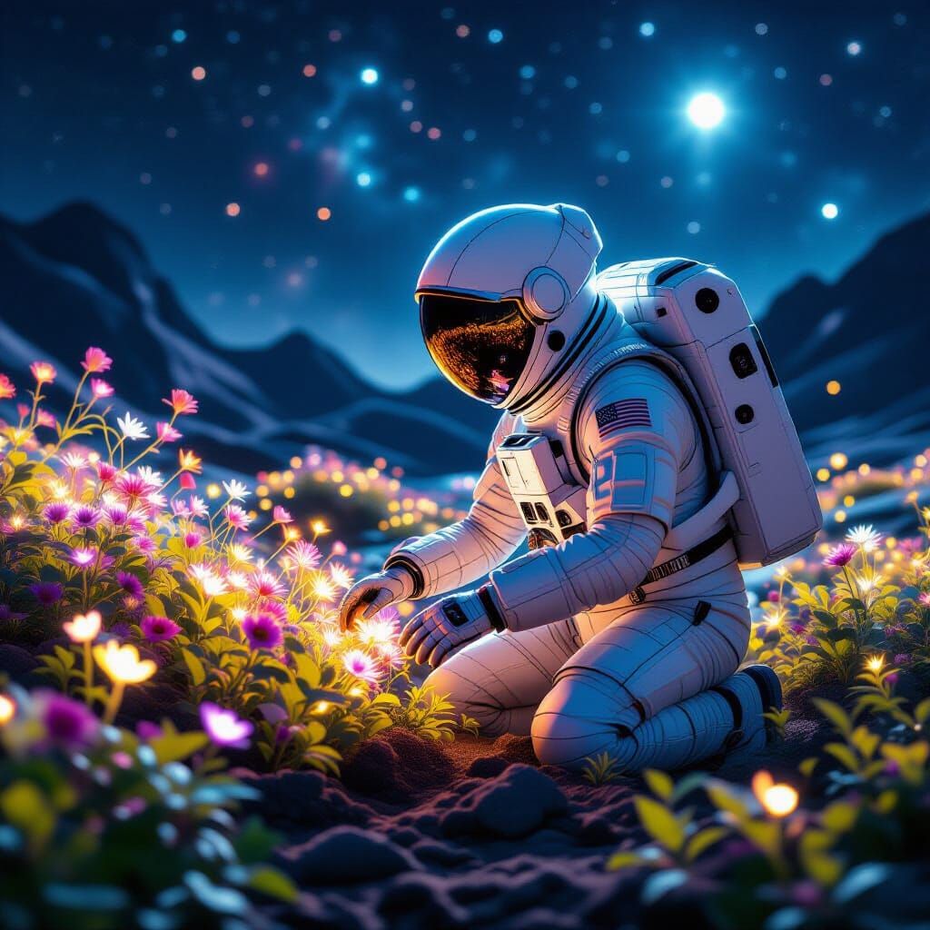 Astronaut Tends Alien Garden on Distant Moon