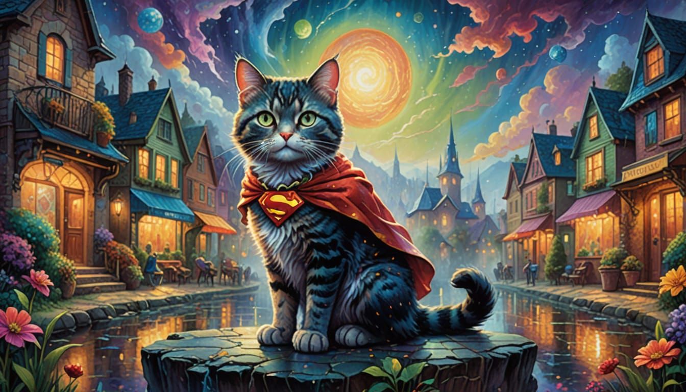Vibrant Feline Hero in Cosmic Cape