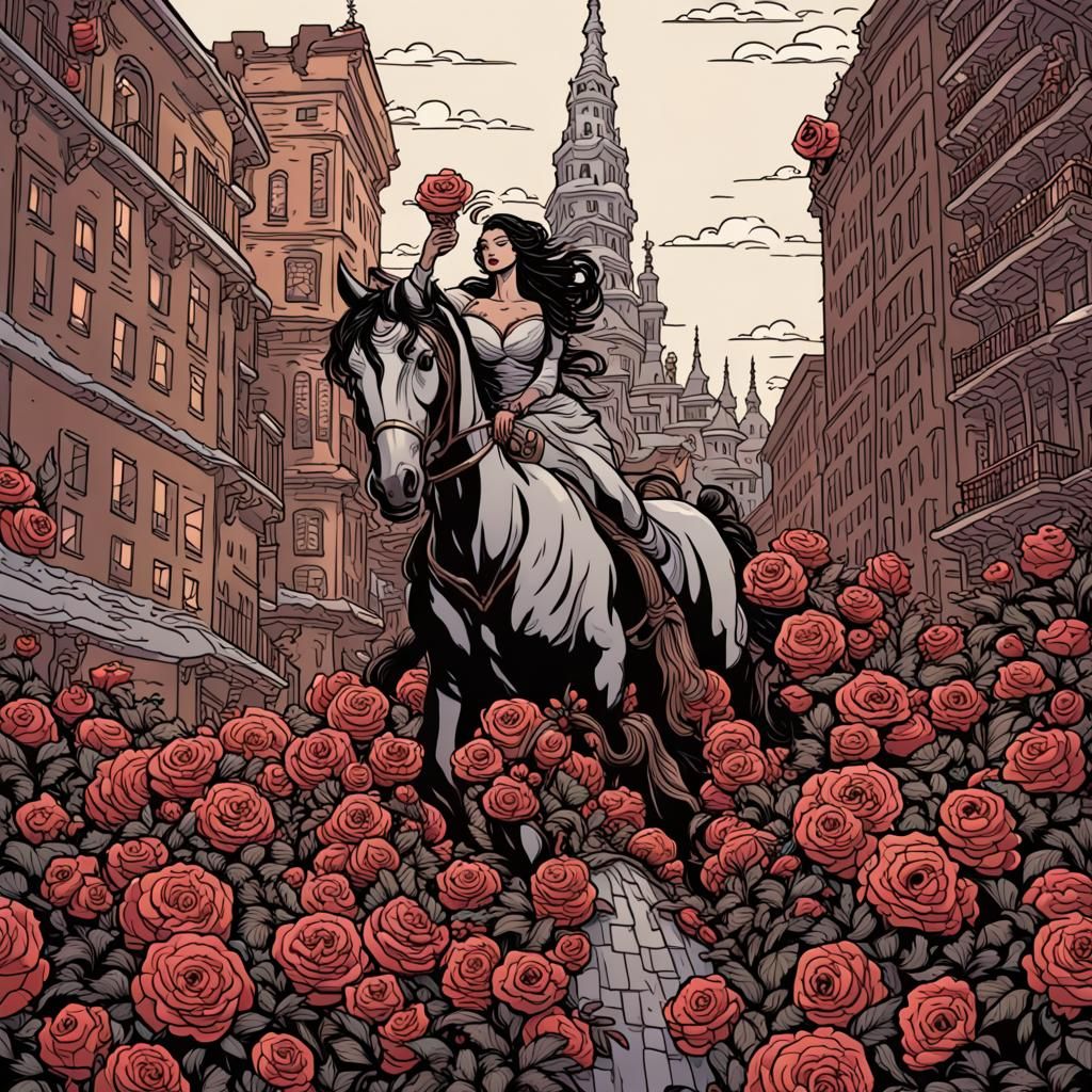 Women Throwing Roses to Horsemen in Cityscape