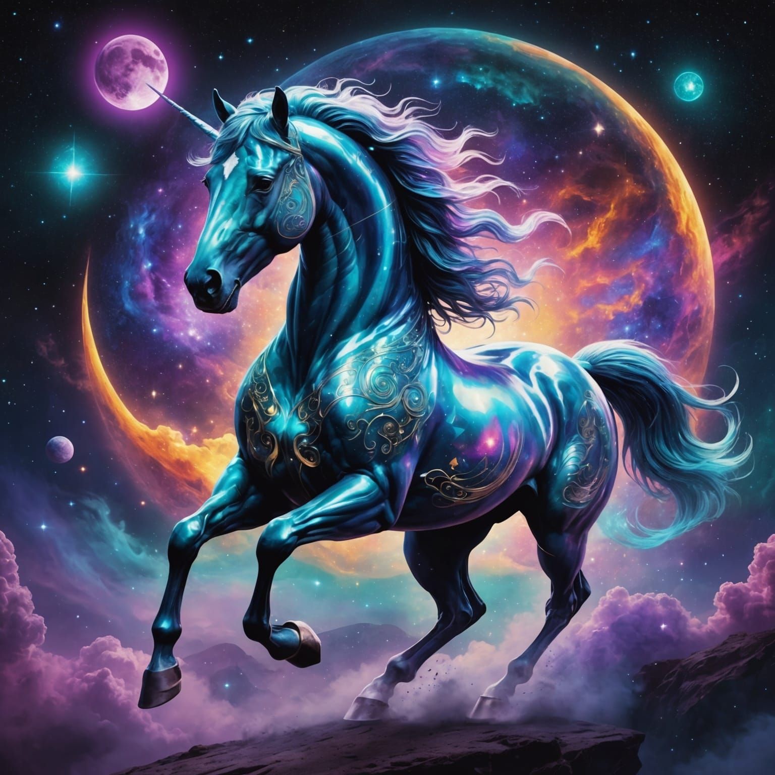 Holographic Stallion in Cosmic Astral Illustration