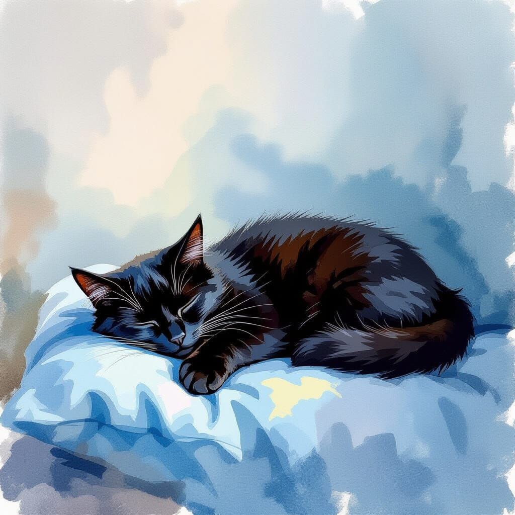 Black Cat Sleeping on Blue Cushion in Watercolor Style