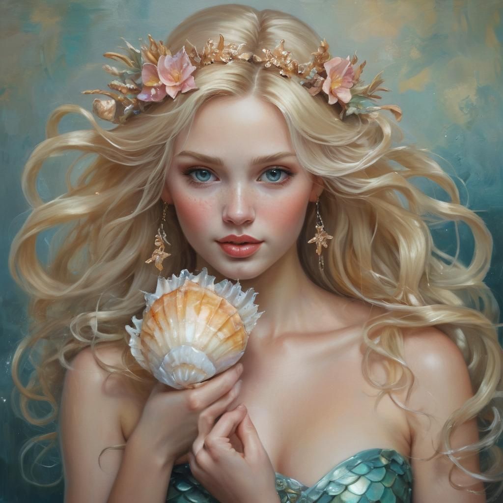 Mermaid with Glowing Conch Shell: An Oil Painting