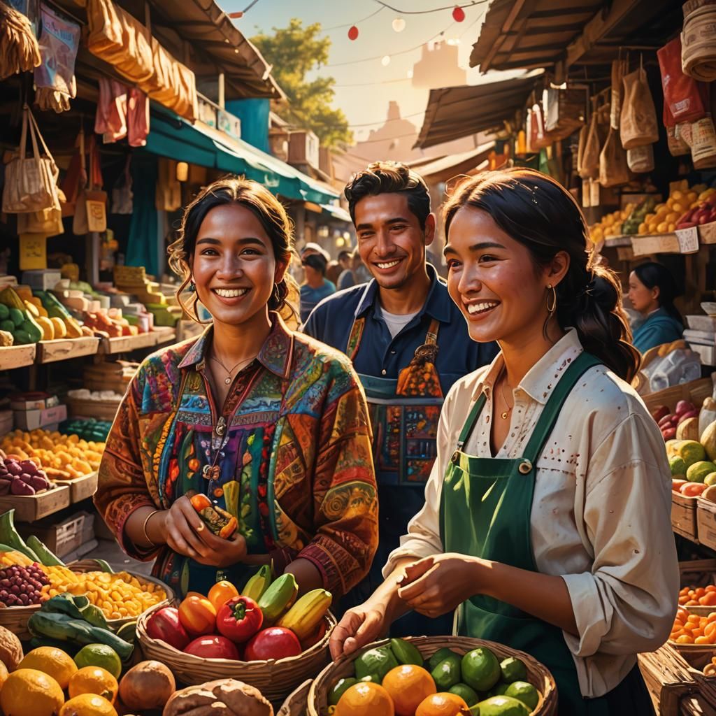 Vibrant Mexican Market Scene in Hyperrealistic Style