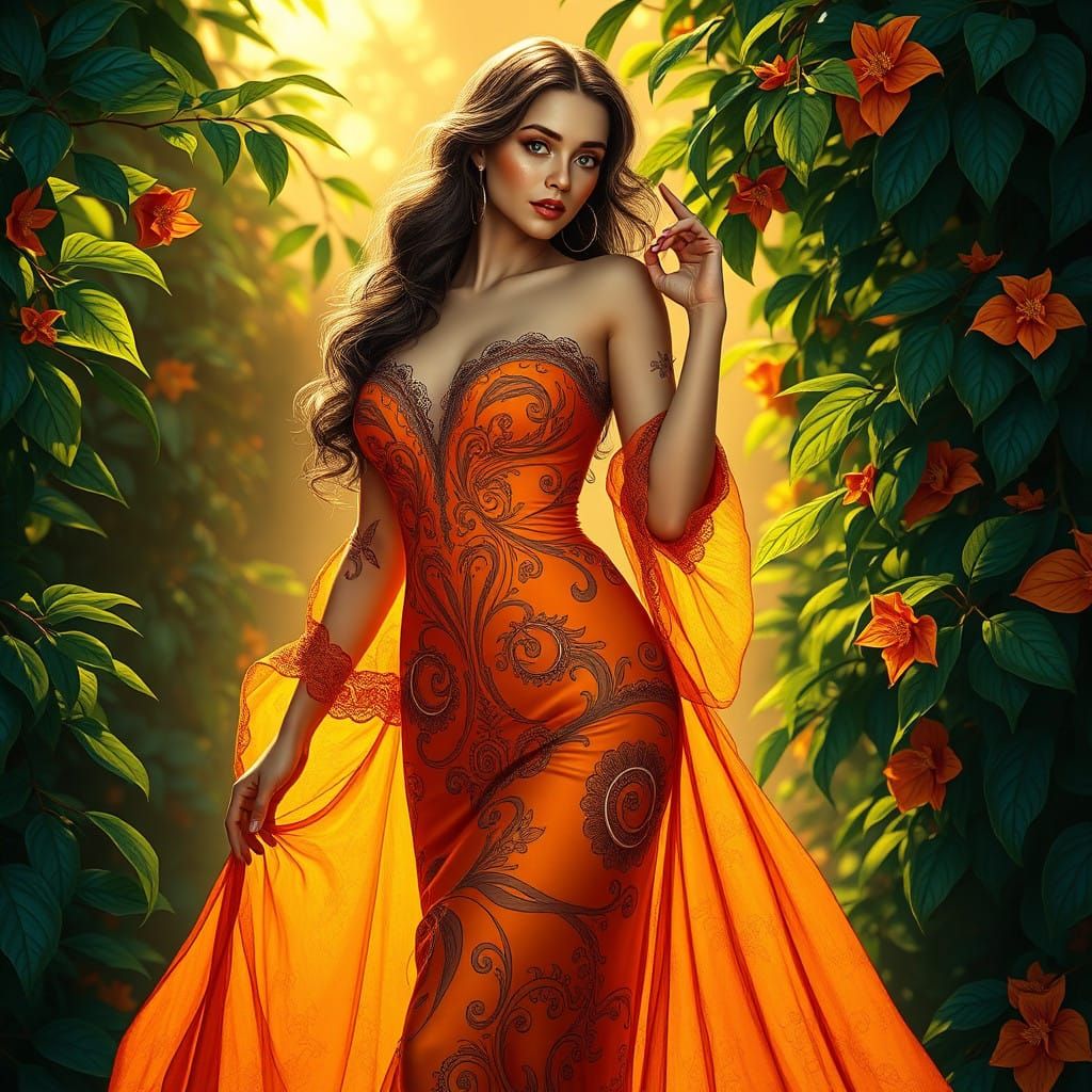 Elegant Woman in Vibrant Orange Art Nouveau-Inspired Dress