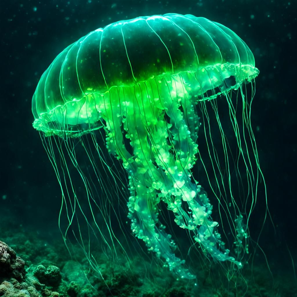 Giant Green Bioluminescent Jellyfish in the Sea
