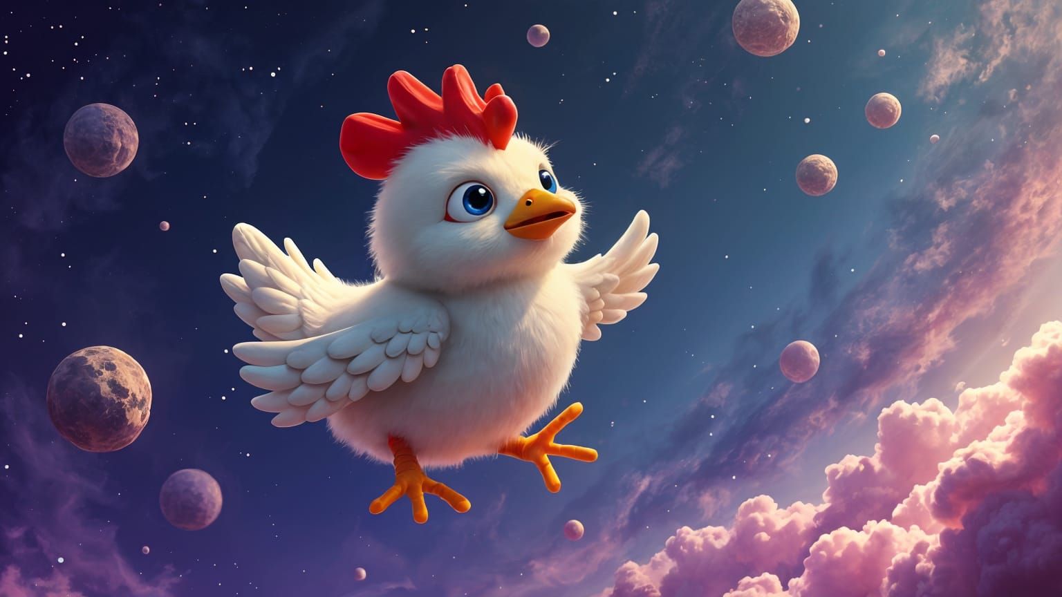 Worried Space Chicken Cartoon Illustration