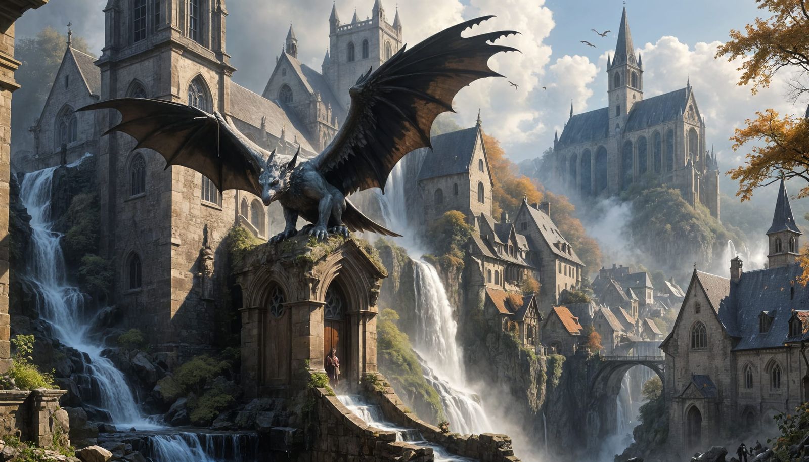 Waterfall Cascading from Gothic Gargoyle