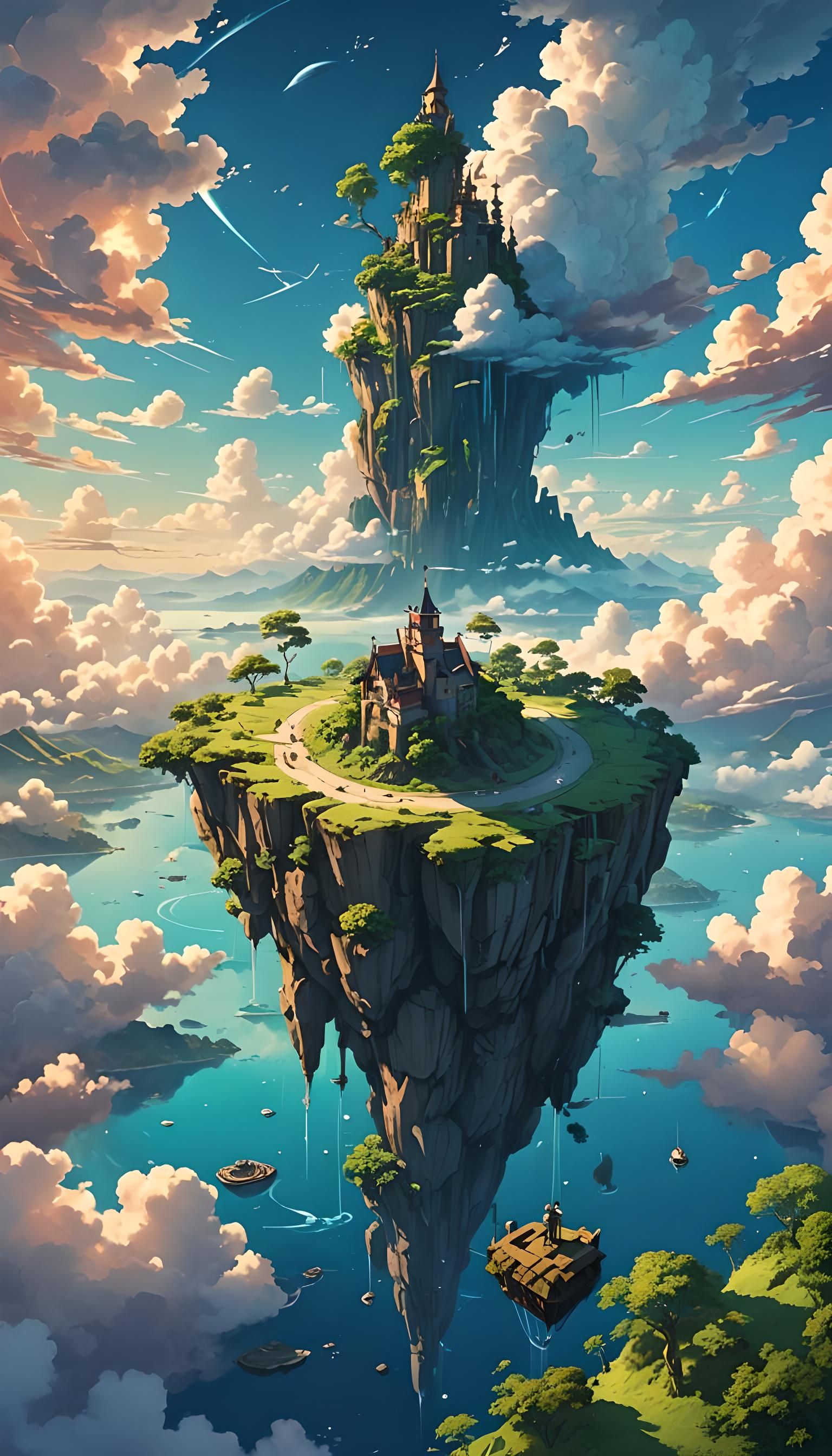 Anime Floating Island Landscape in Ghibli Style