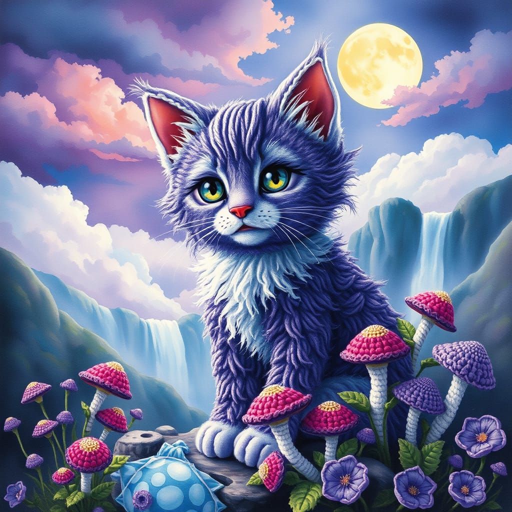 Whimsical Oil Painting of Amigurumi Kitten in Dreamy Landsca...