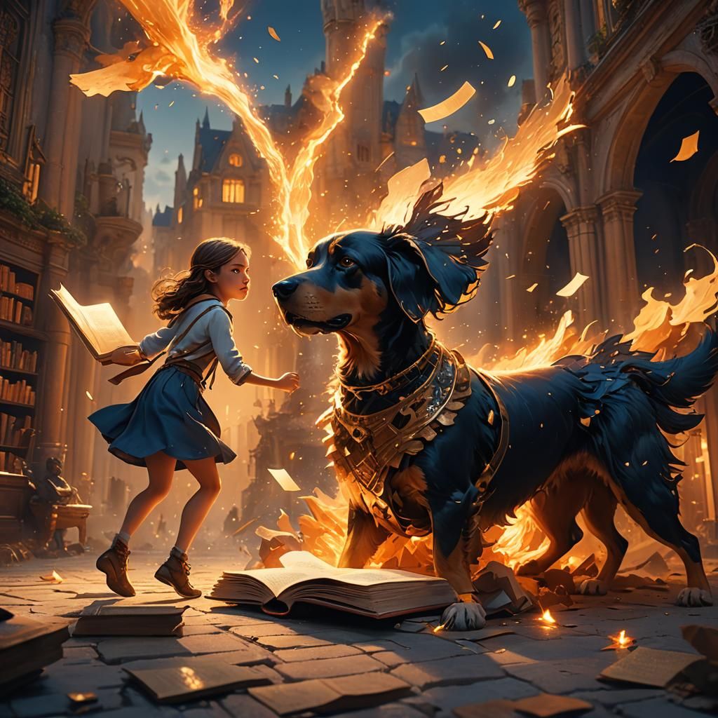 Girl Escapes Giant Book with Dog: Fantasy Art