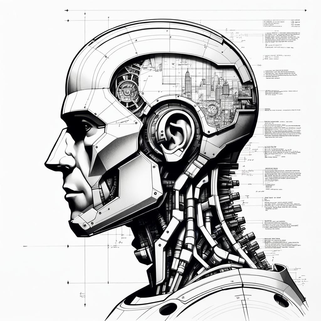 Cyborg Side Profile in Schematic Drawing Style