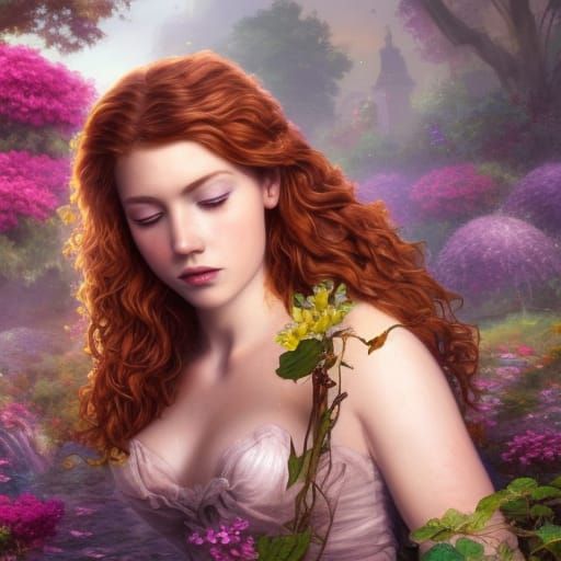Fantasy Portrait of Woman in Sunny Flower Garden