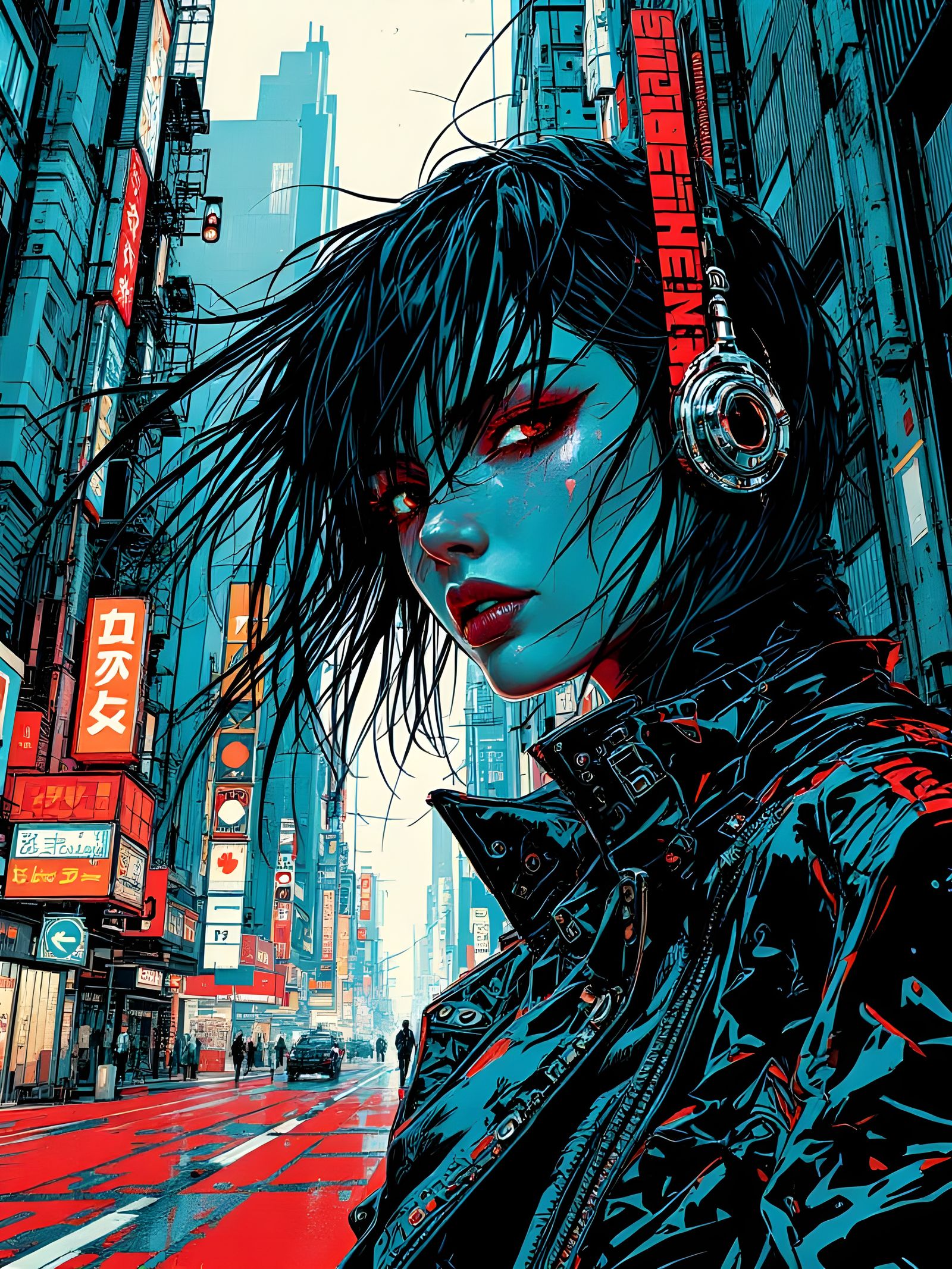 Cyberpunk Graphic Novel Panel Featuring Futuristic Woman