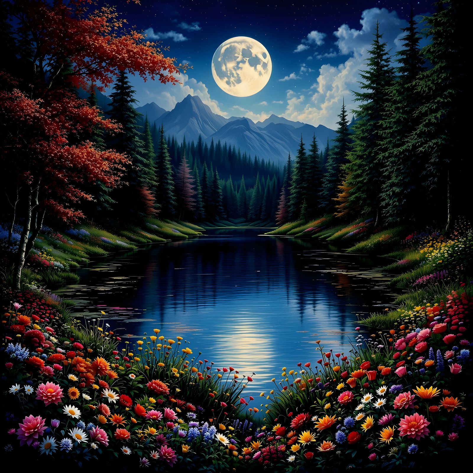 The lake in the forest under a full moon