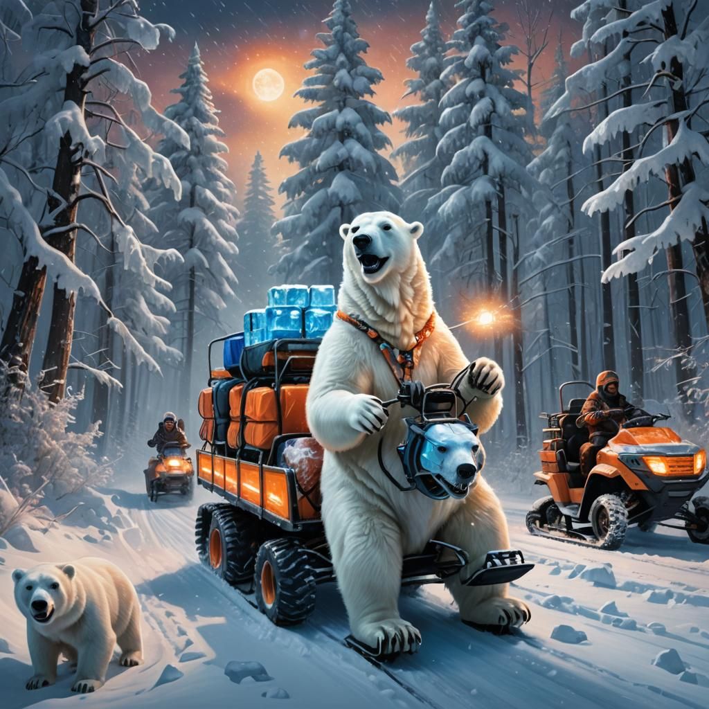 Laughing Polar Bear Snowmobile Ride Through Snowy Forest