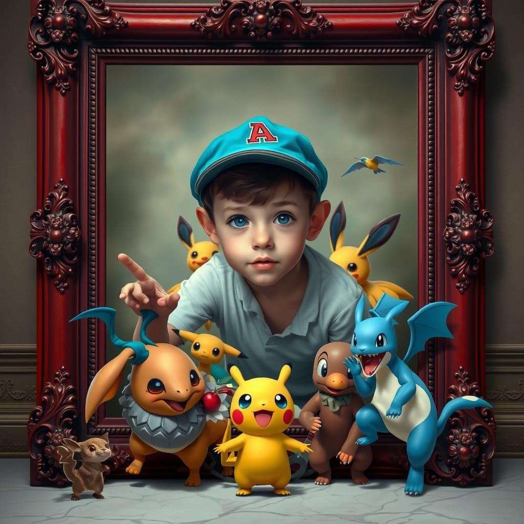 Boy Reaching for Pokémon in Renaissance Trompe l'Oeil