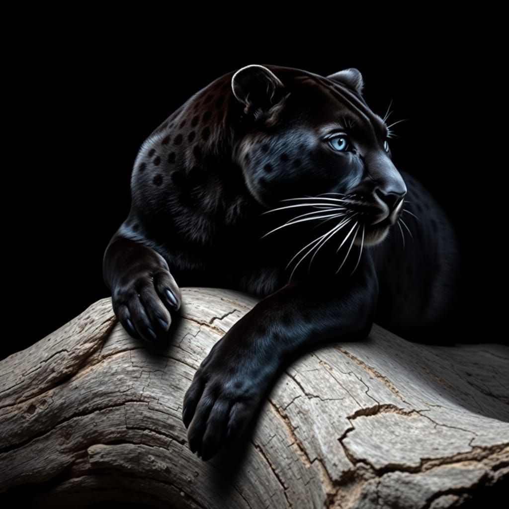 Black Panther Portrait on Log in Photorealistic Detail