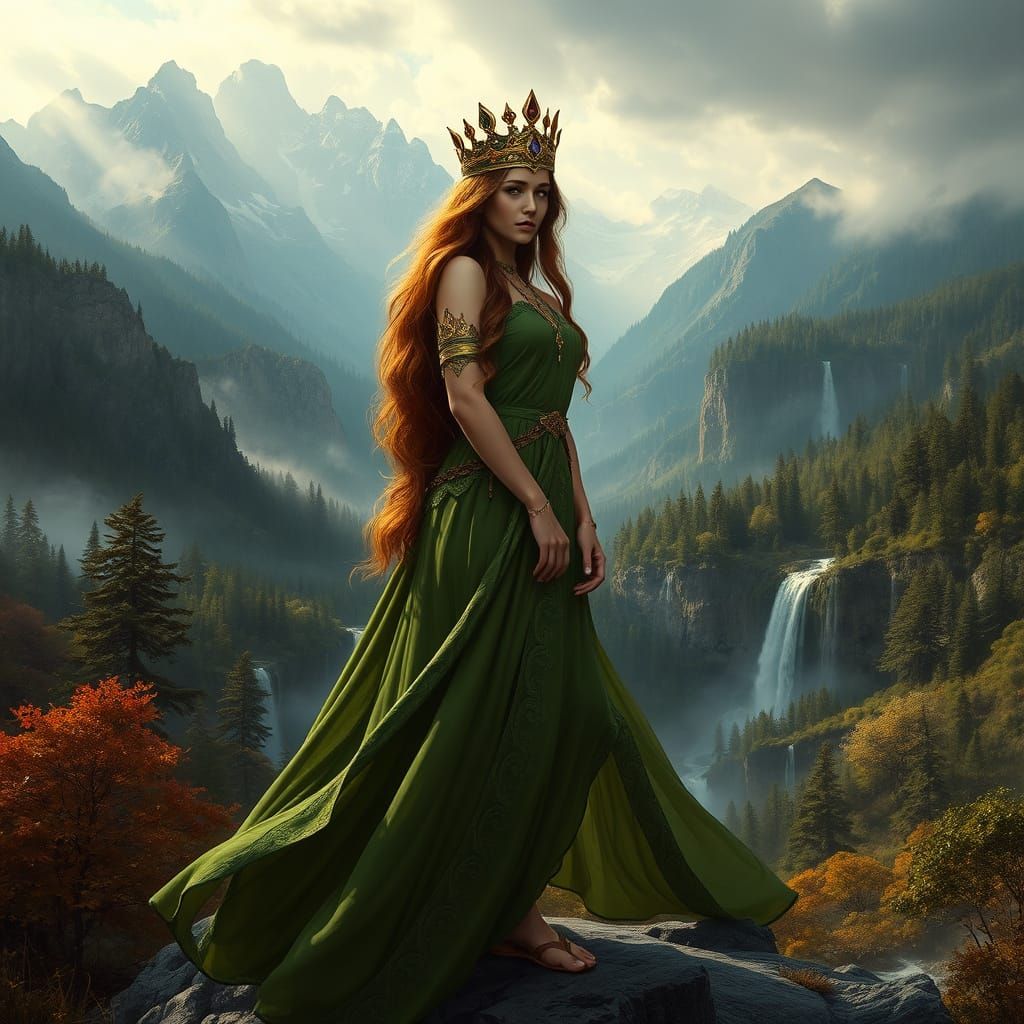 Majestic Earth Goddess in Emerald Gown and Gemstone Crown