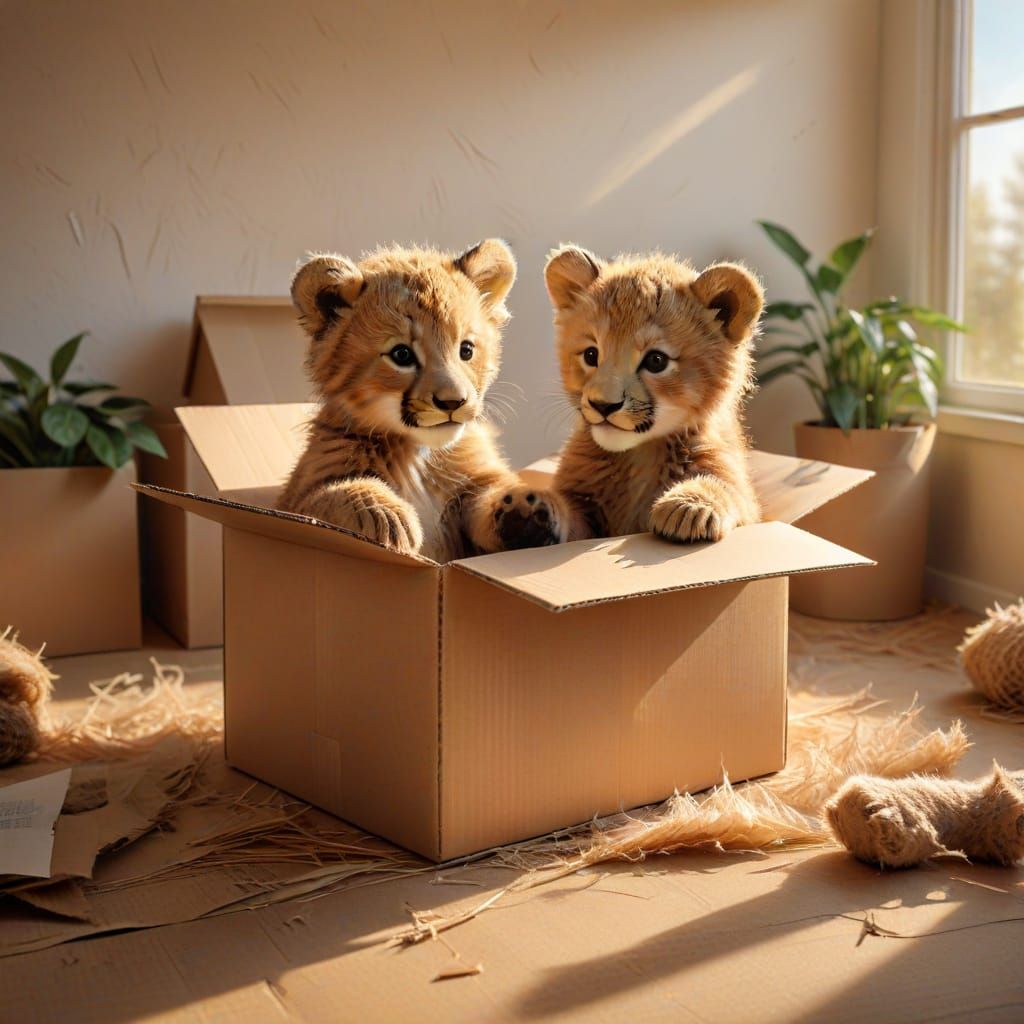 Whimsical Wildlife Cubs in Cardboard Box Scene